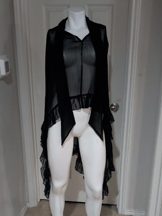 Vintage Sheer Black Ruffled Drape Cardigan Women's Large