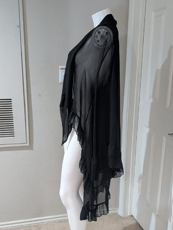 Vintage Sheer Black Ruffled Drape Cardigan Women's Large