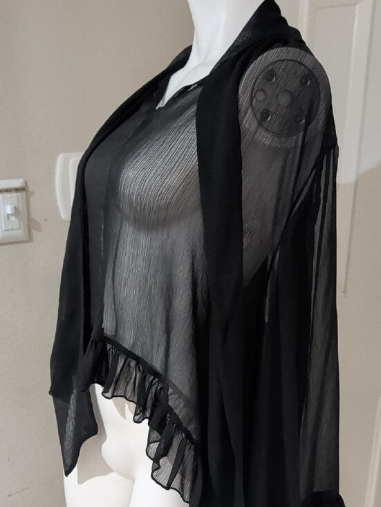 Vintage Sheer Black Ruffled Drape Cardigan Women's Large
