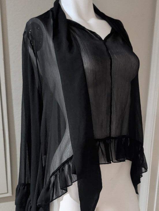 Vintage Sheer Black Ruffled Drape Cardigan Women's Large