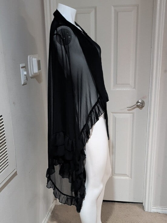 Vintage Sheer Black Ruffled Drape Cardigan Women's Large