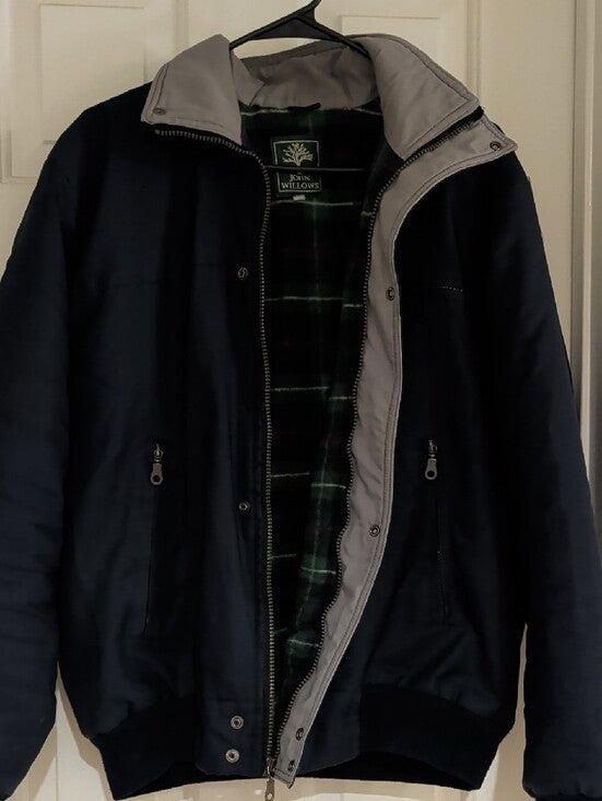 John Willows Men's Navy Blue Bomber Jacket with Contrast Gray Collar Large