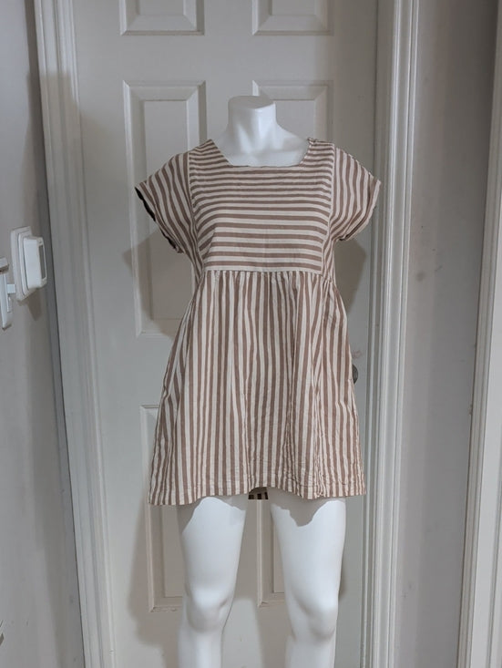 Listicle Beige and White Striped Babydoll Tunic MIni Dress Women's Small