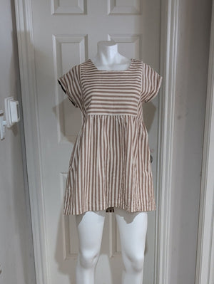 Listicle Beige and White Striped Babydoll Tunic MIni Dress Women's Small