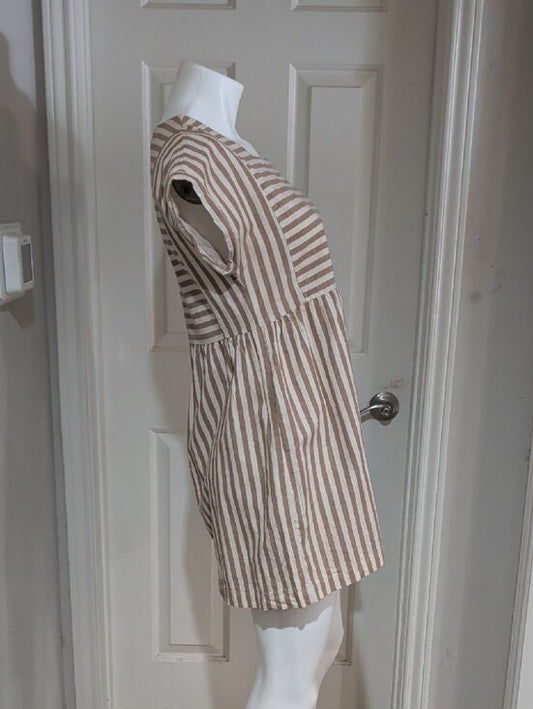 Listicle Beige and White Striped Babydoll Tunic MIni Dress Women's Small