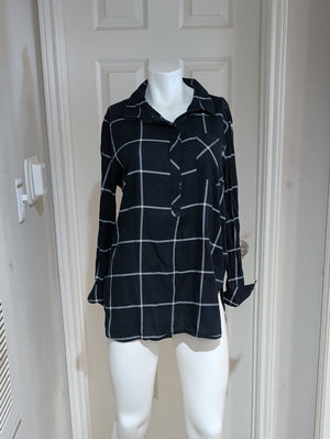 Athleta Navy Blue Windowpane Button-Down Tunic Blouse Women's Large