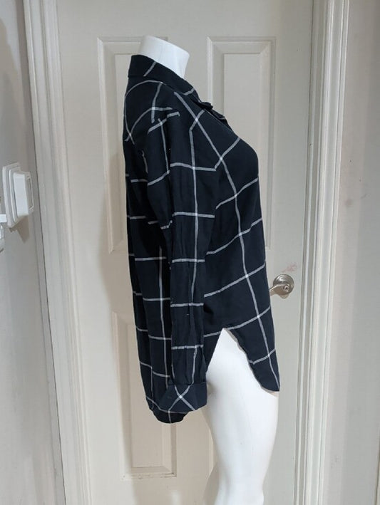 Athleta Navy Blue Windowpane Button-Down Tunic Blouse Women's Large