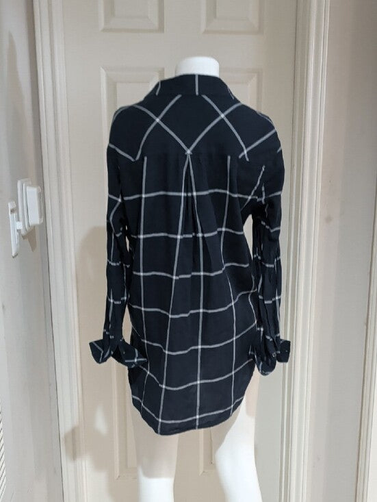 Athleta Navy Blue Windowpane Button-Down Tunic Blouse Women's Large