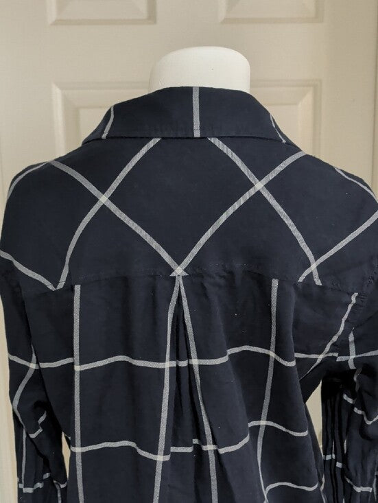 Athleta Navy Blue Windowpane Button-Down Tunic Blouse Women's Large