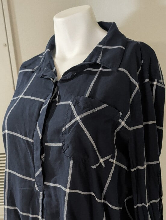 Athleta Navy Blue Windowpane Button-Down Tunic Blouse Women's Large