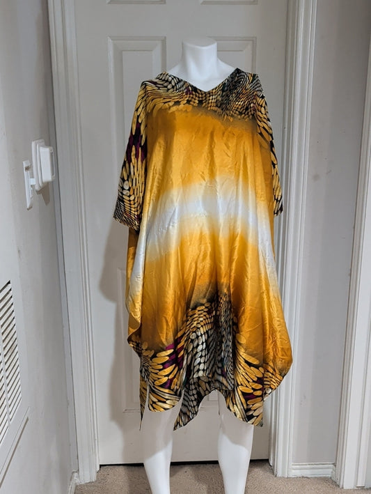 Ashro Golden Ombre Satin Asymmetrical Kaftan with Accent Print O/S