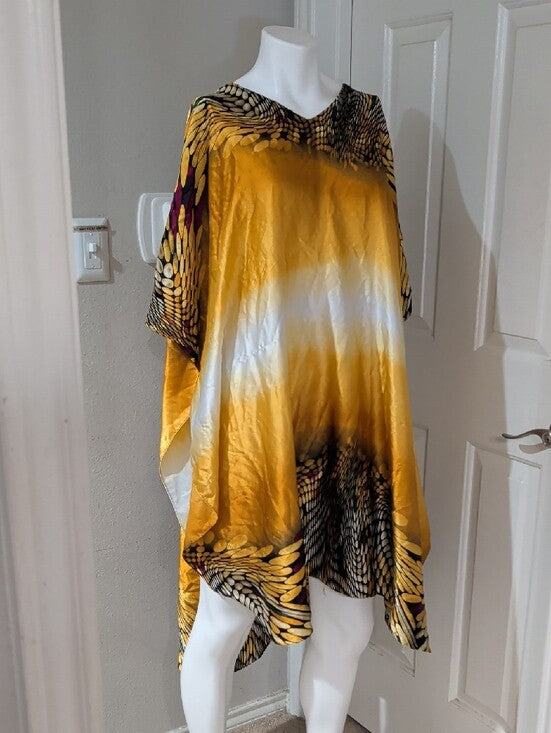 Ashro Golden Ombre Satin Asymmetrical Kaftan with Accent Print O/S