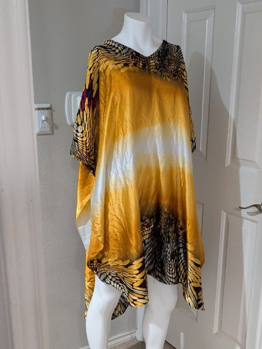 Ashro Golden Ombre Satin Asymmetrical Kaftan with Accent Print O/S