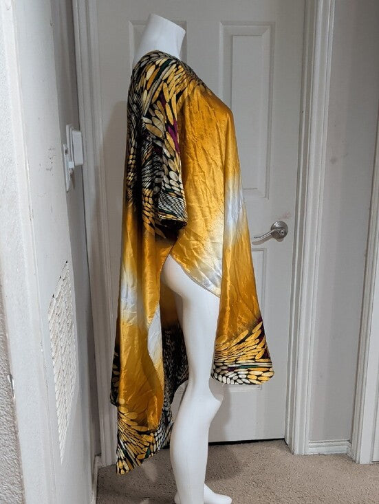 Ashro Golden Ombre Satin Asymmetrical Kaftan with Accent Print O/S