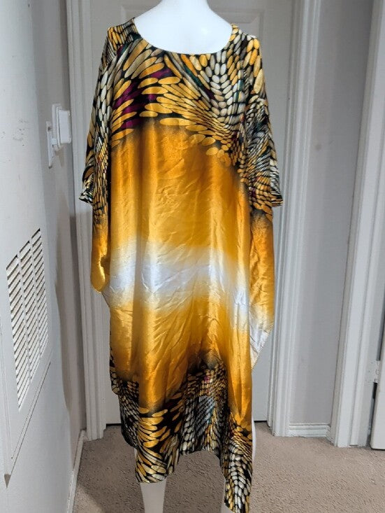 Ashro Golden Ombre Satin Asymmetrical Kaftan with Accent Print O/S