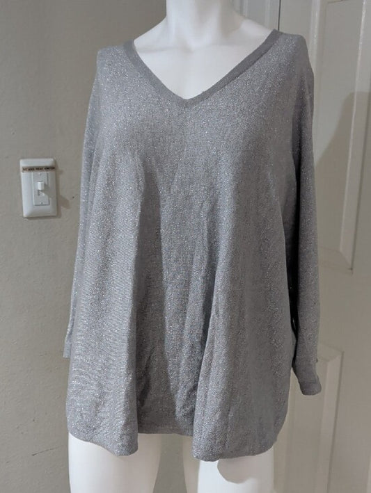 NWT Vila Milano Shimmery V-Neck Long Sleeve Top - Metallic Silver Gray 3X