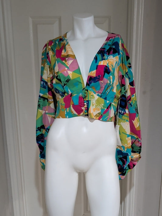 NWT Truth NYC Multicolor Abstract V-Neck Crop Top Women's Large