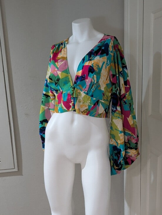 NWT Truth NYC Multicolor Abstract V-Neck Crop Top Women's Large