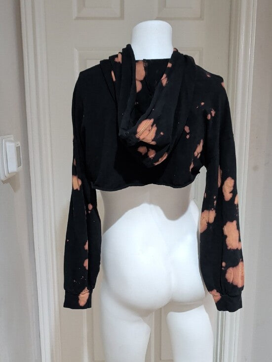 Fashion Nova Black Bleach-Splatter Cutout Cropped Hoodie Women's Small