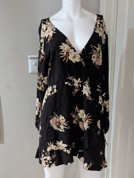 Xhilaration Brown Floral V-Neck Dress with Cream Blooms Women's XXL
