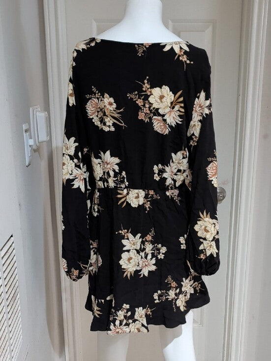 Xhilaration Brown Floral V-Neck Dress with Cream Blooms Women's XXL