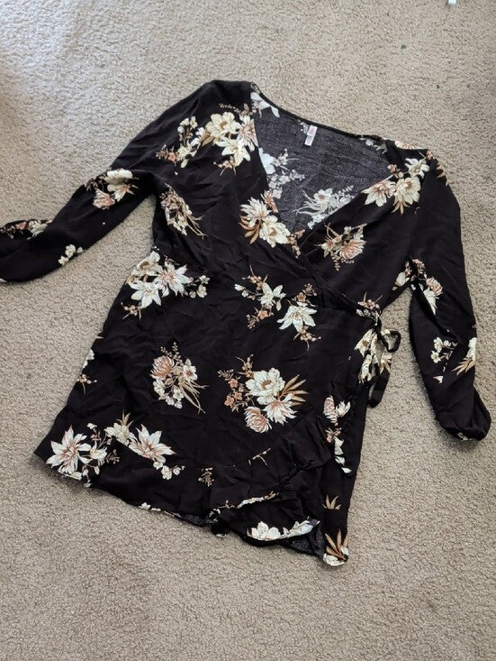Xhilaration Brown Floral V-Neck Dress with Cream Blooms Women's XXL
