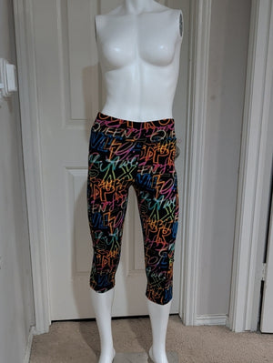 Women's Black Neon Power Graffiti Capri Leggings Medium