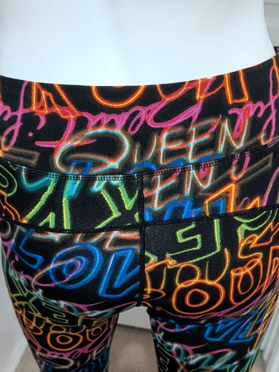 Women's Black Neon Power Graffiti Capri Leggings Medium