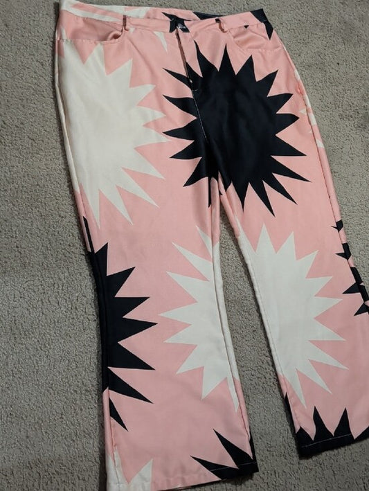 Women's Pink Starburst Wide-Leg Casual Pants- Size 18/20 - Handmade