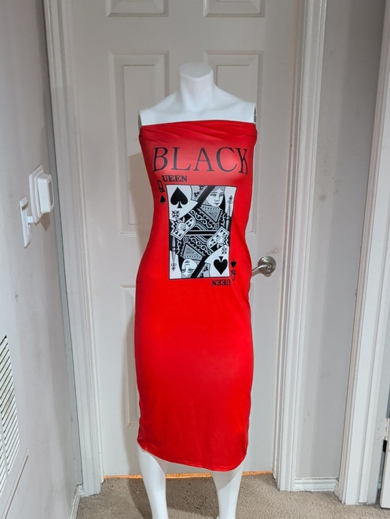Red Strapless 'Black Queen' Graphic Bodycon Dress Women's M/L