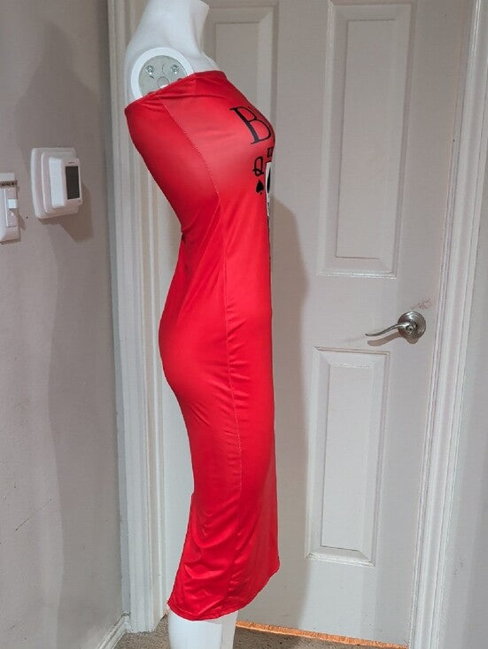 Red Strapless 'Black Queen' Graphic Bodycon Dress Women's M/L