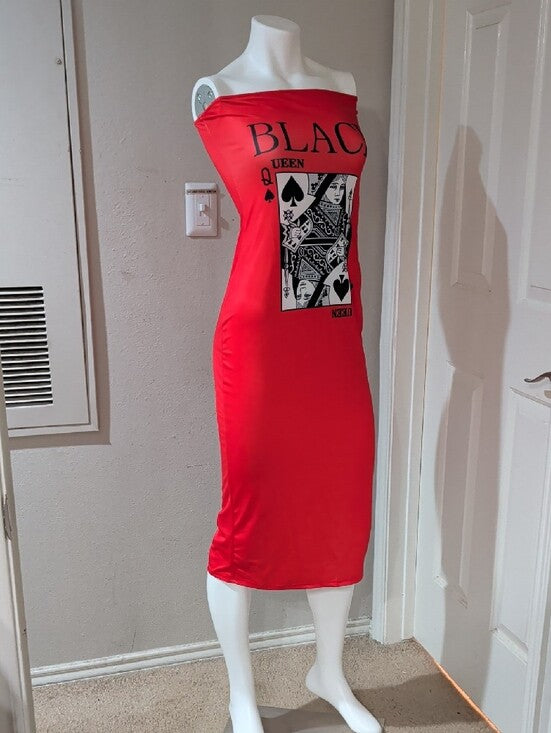 Red Strapless 'Black Queen' Graphic Bodycon Dress Women's M/L