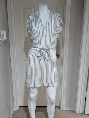 H&M White Dress with Gray Vertical Stripes & Belt Women's 2