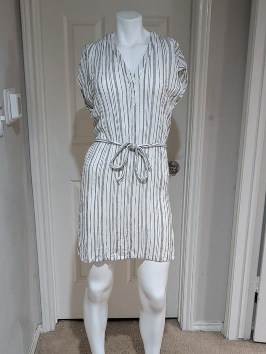 H&M White Dress with Gray Vertical Stripes & Belt Women's 2