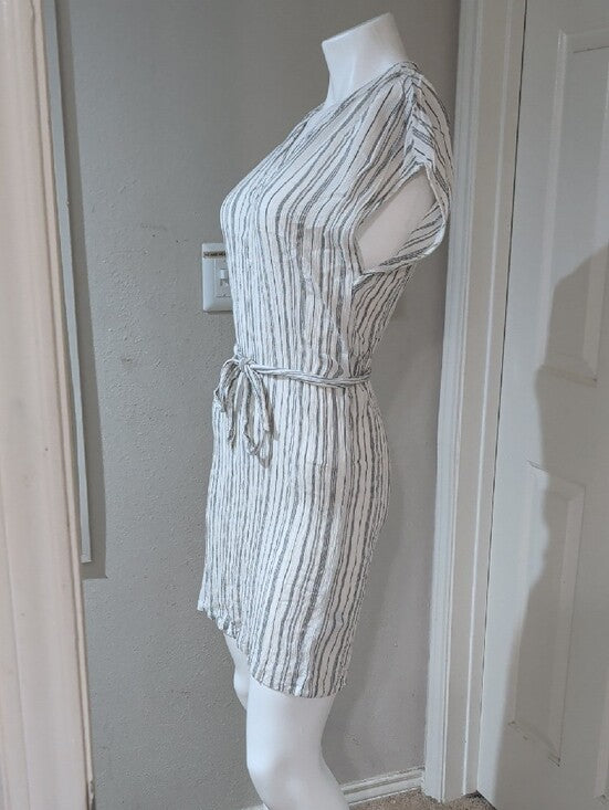 H&M White Dress with Gray Vertical Stripes & Belt Women's 2