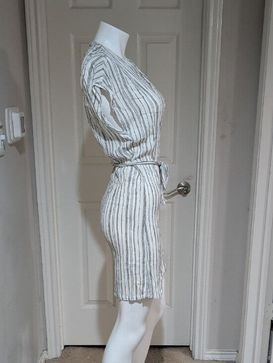 H&M White Dress with Gray Vertical Stripes & Belt Women's 2