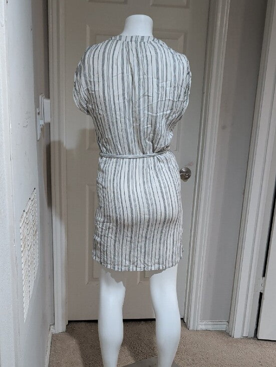H&M White Dress with Gray Vertical Stripes & Belt Women's 2