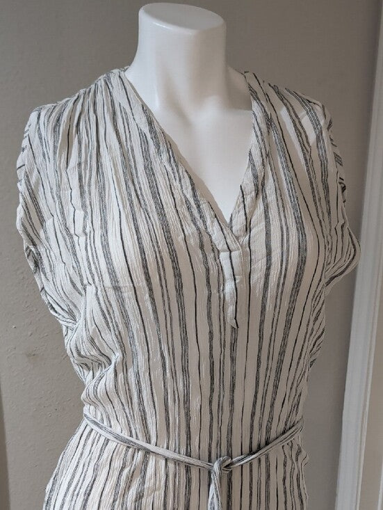 H&M White Dress with Gray Vertical Stripes & Belt Women's 2