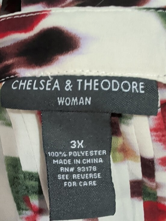 Chelsea & Theodore White Floral V-Neck Tunic with Multicolor Print Women's 3X