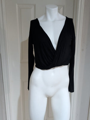 I.Joah Black Long Sleeve Surplice Crop Top Women's Small