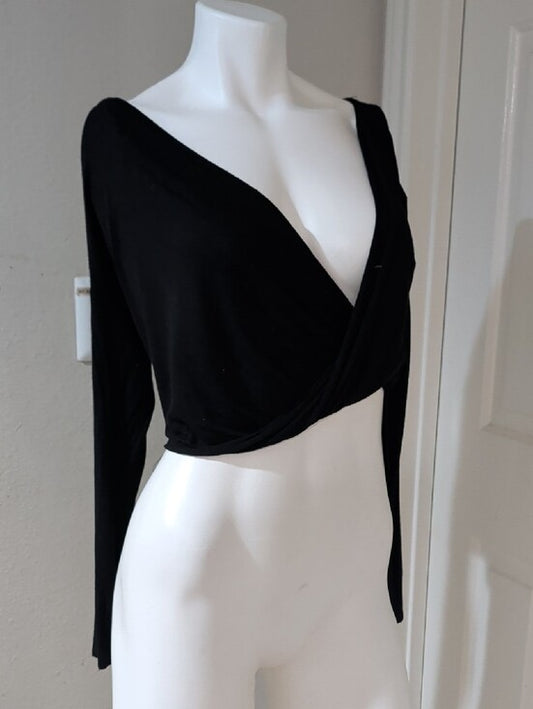 I.Joah Black Long Sleeve Surplice Crop Top Women's Small