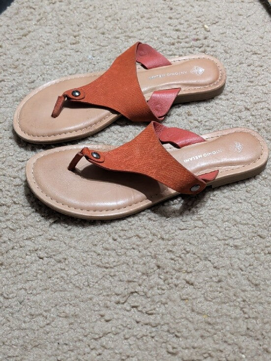 ANTONIO MELANI Orange and Tan Leather Thong Sandals Women's 8