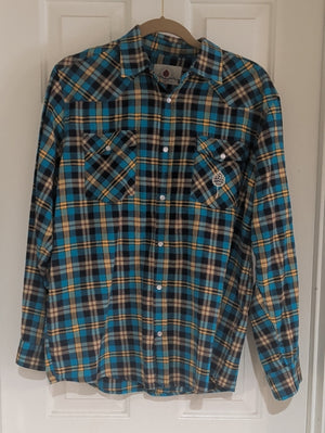 Turquoise Plaid Pearl Snap Long Sleeve Shirt - O'Dell Brewing - Men's Large