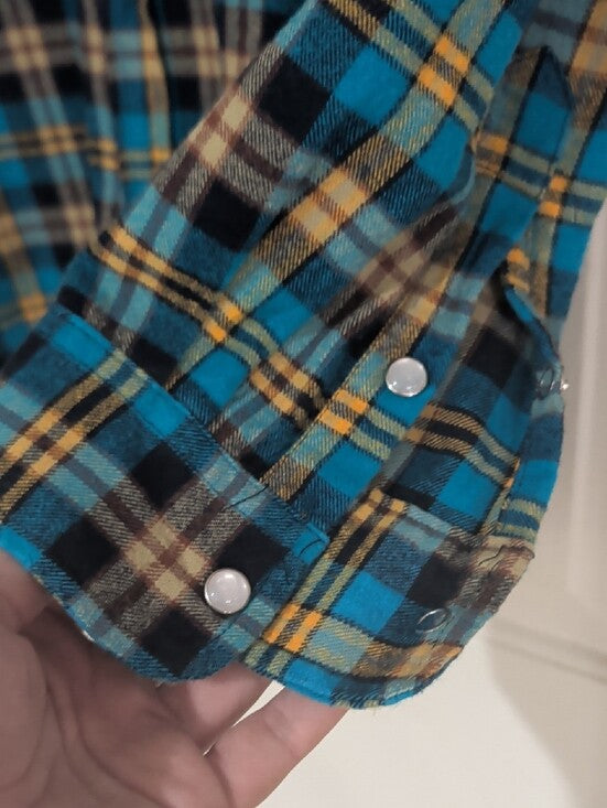 Turquoise Plaid Pearl Snap Long Sleeve Shirt - O'Dell Brewing - Men's Large