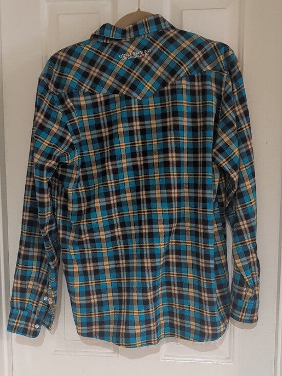 Turquoise Plaid Pearl Snap Long Sleeve Shirt - O'Dell Brewing - Men's Large