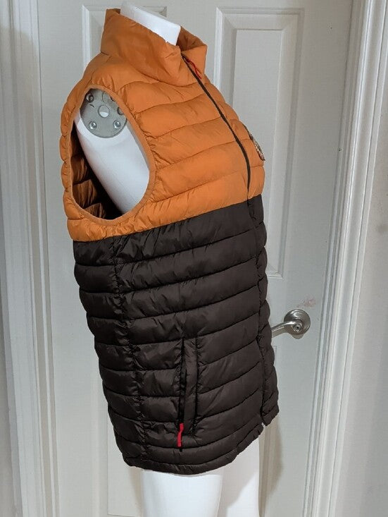 Magellan Two-Tone Puffer Vest in Orange and Dark Brown Men's Large