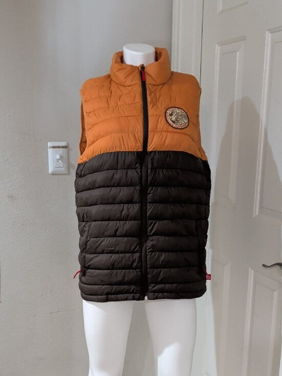 Magellan Two-Tone Puffer Vest in Orange and Dark Brown Men's Large