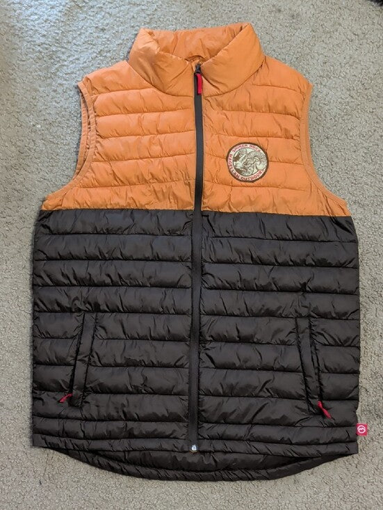Magellan Two-Tone Puffer Vest in Orange and Dark Brown Men's Large
