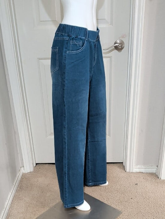 Elastic Waist Dark Blue Denim-Look Pull-On Pants Women's Large