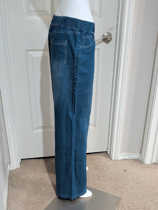 Elastic Waist Dark Blue Denim-Look Pull-On Pants Women's Large